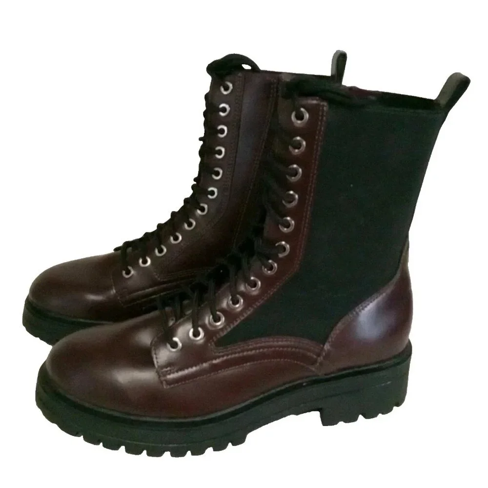 No Boundaries Women's Brown Faux Leather Combat Boot, Size 10, Brown/Black - Picture 1 of 6